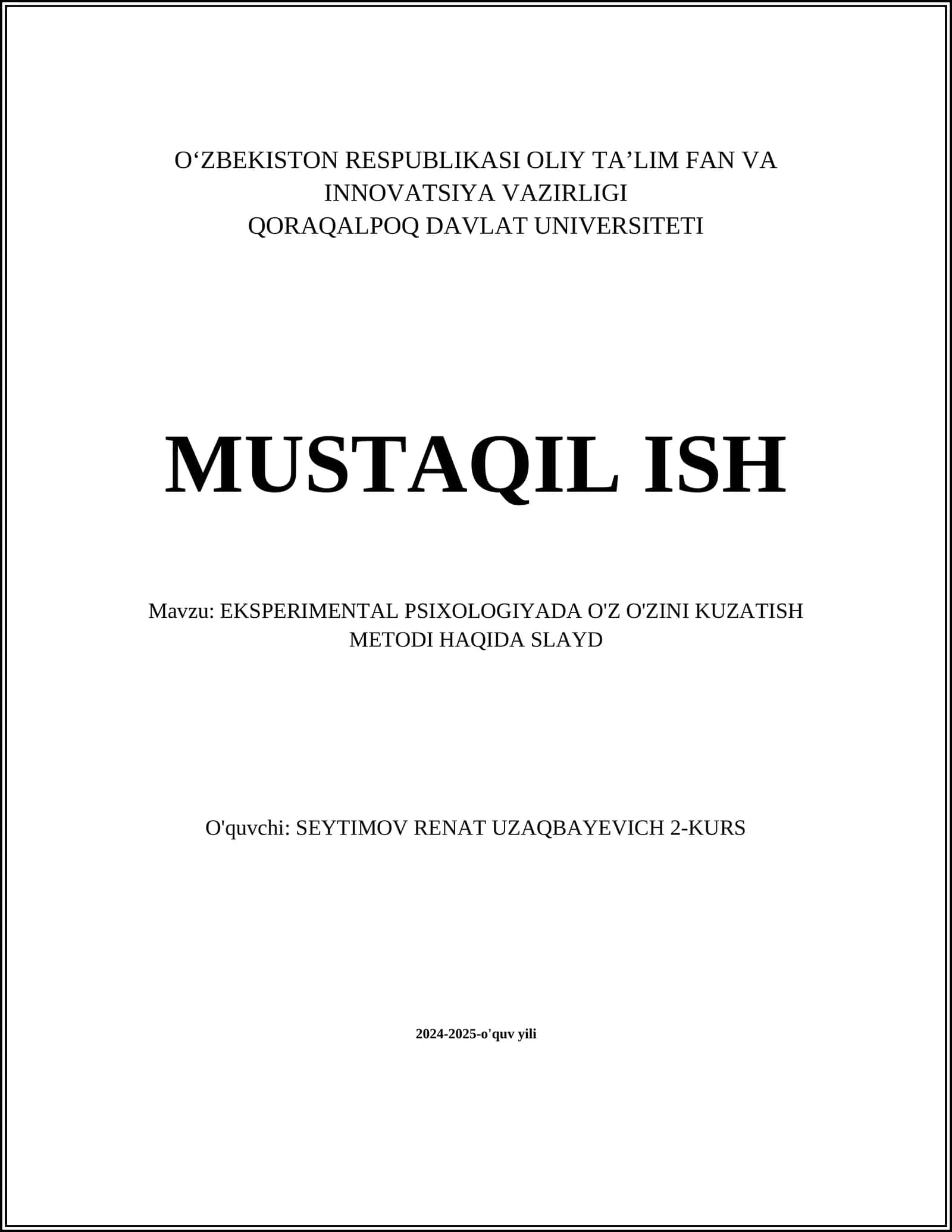 EKSPERIMENTAL PSIXOLOGIYADA O'Z O'ZINI KUZATISH METODI HAQIDA SLAYD