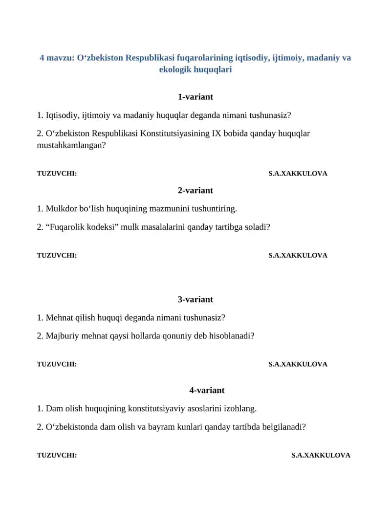 O‘zbekiston Respublikasi fuqarolarining iqtisodiy, ijtimoiy, madaniy va ekologik huquqlari