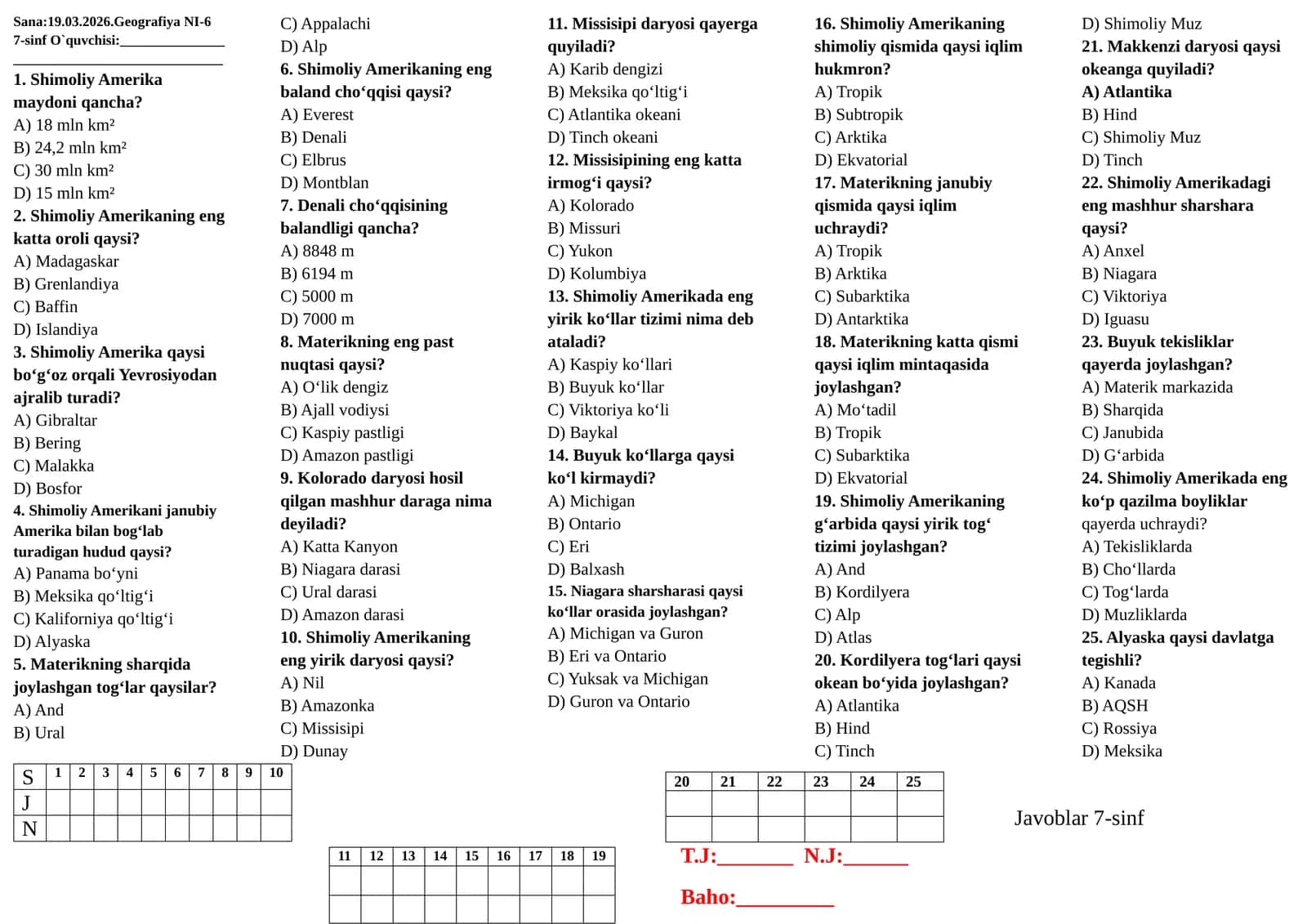 7-sinflar uchun geografiya fanidan test Nazorat ishi-6