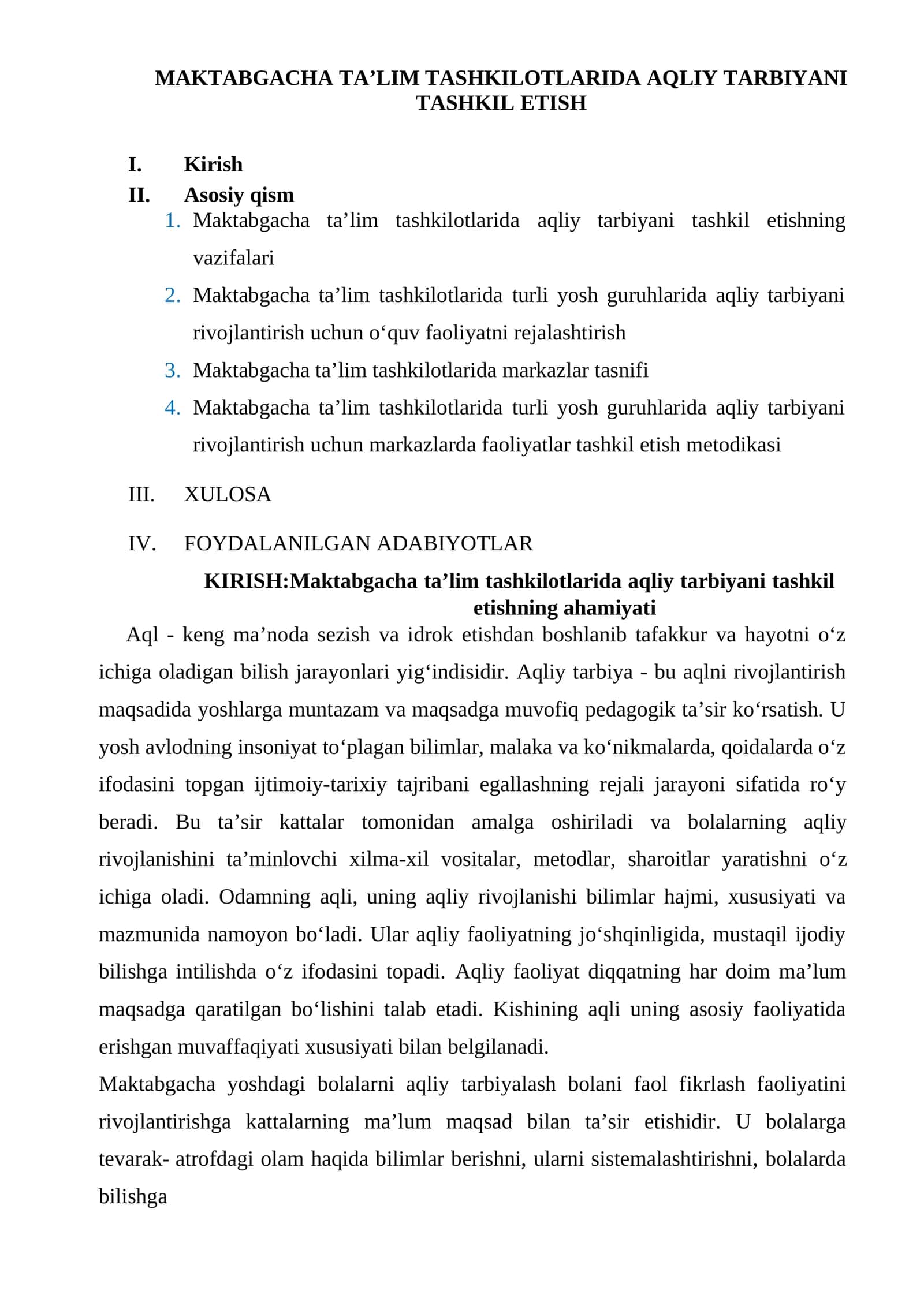 MAKTABGACHA TA’LIM TASHKILOTLARIDA AQLIY TARBIYANI TASHKIL ETISH