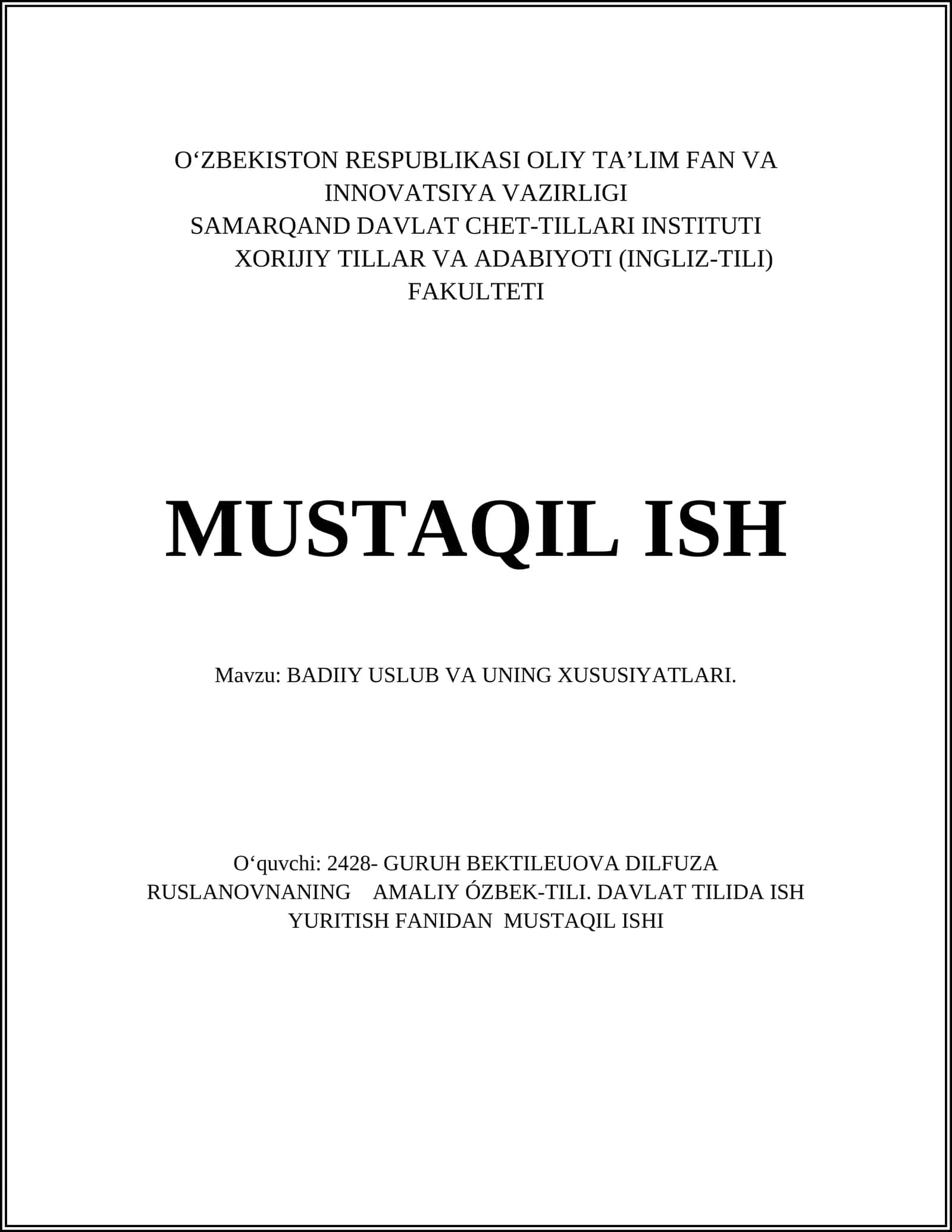 BADIIY USLUB VA UNING XUSUSIYATLARI