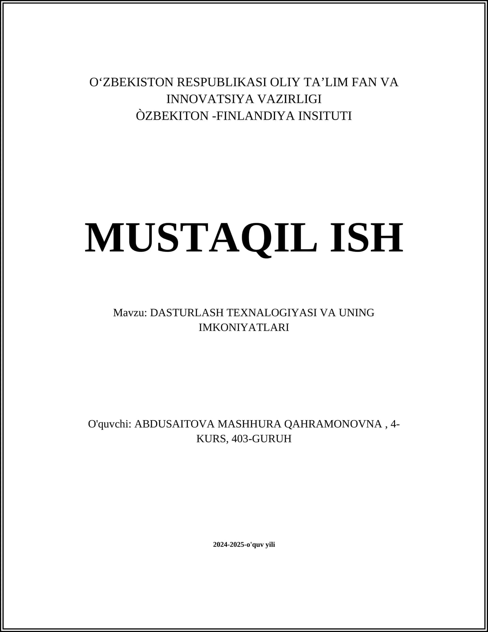 DASTURLASH TEXNALOGIYASI VA UNING IMKONIYATLARI