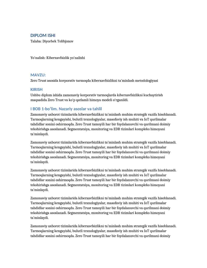 Diplom ishi – Zero Trust asosida kiberxavfsizlik