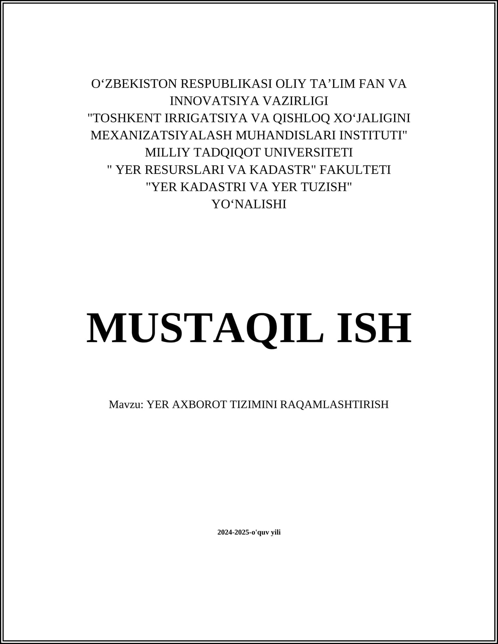 YER AXBOROT TIZIMINI RAQAMLASHTIRISH