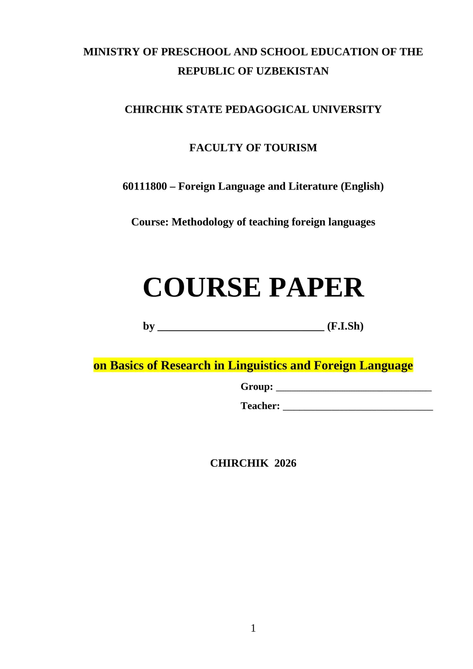 COURSE PAPER on Basics of Research in Linguistics and Foreign Language