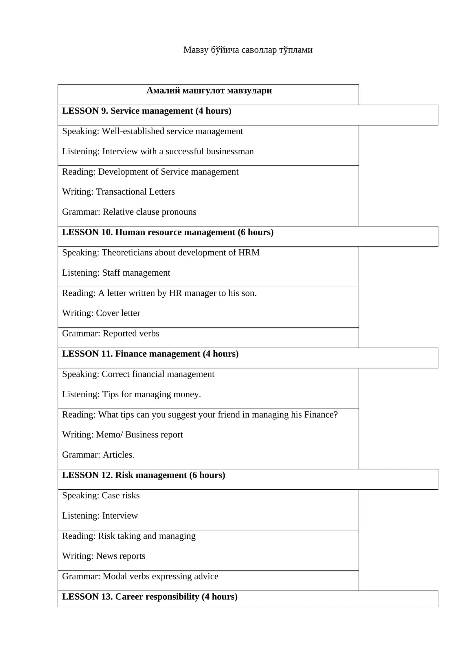 LESSON 9. Service management (4 hours)