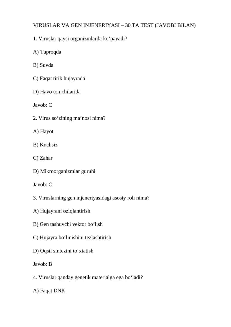 VIRUSLAR VA GEN INJENERIYASI – 30 TA TEST (JAVOBI BILAN)