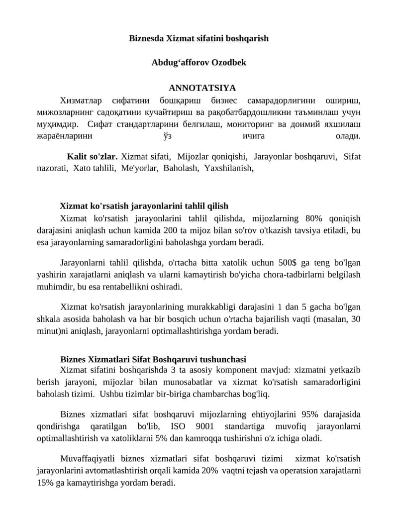 Biznesda Xizmat sifatini boshqarish