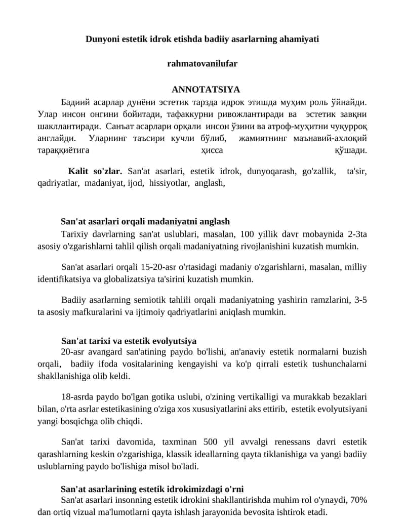 Dunyoni estetik idrok etishda badiiy asarlarning ahamiyati