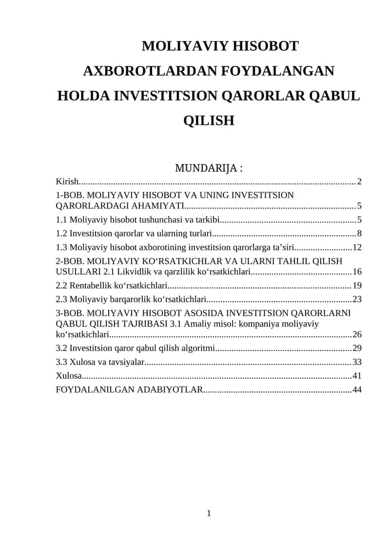 Moliyaviy Hisobot Axborotlardan Foydalanish
