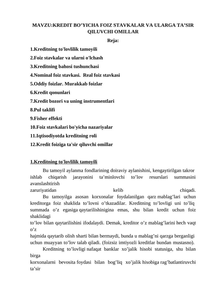 KREDIT BO’YICHA FOIZ STAVKALAR VA ULARGA TA’SIR QILUVCHI OMILLAR