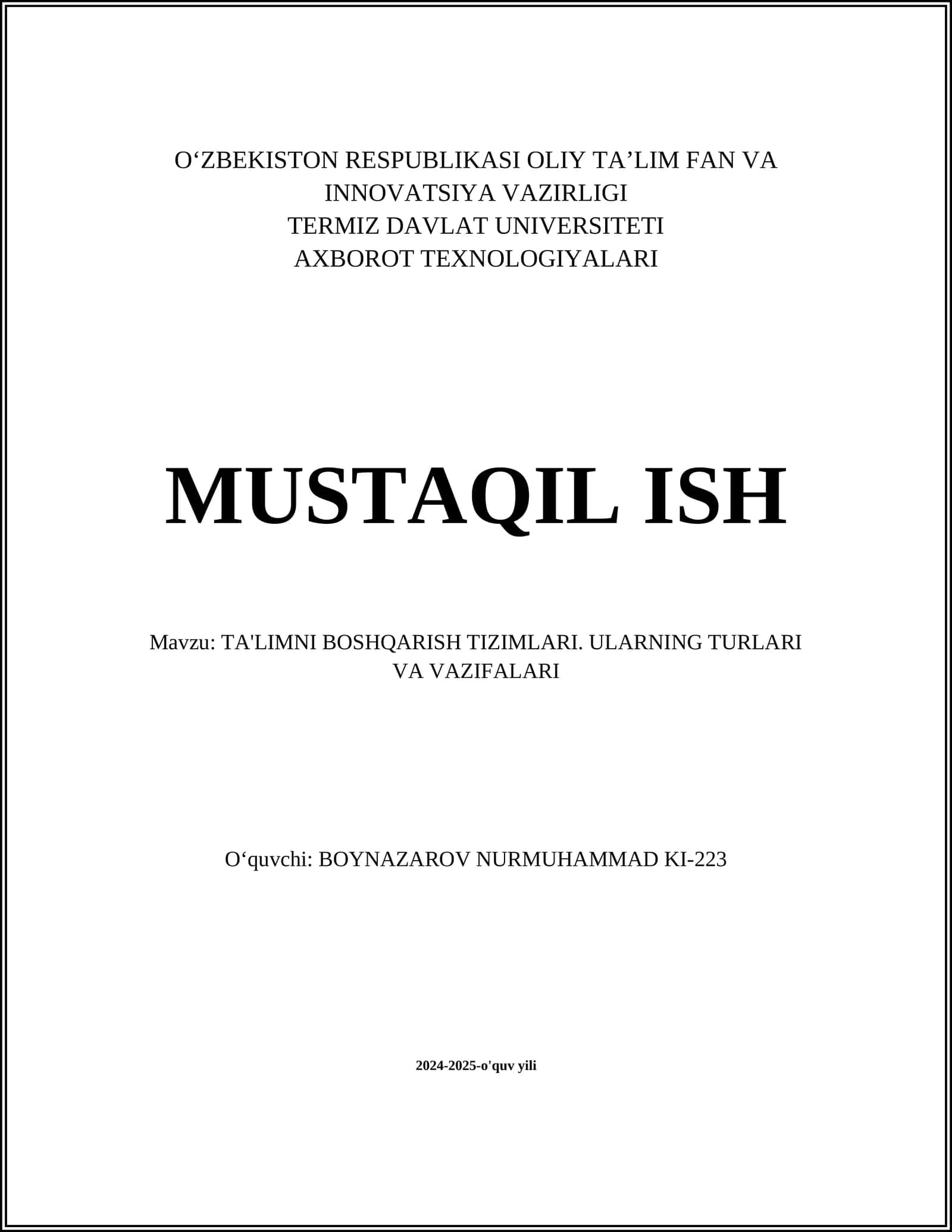 TA'LIMNI BOSHQARISH TIZIMLARI