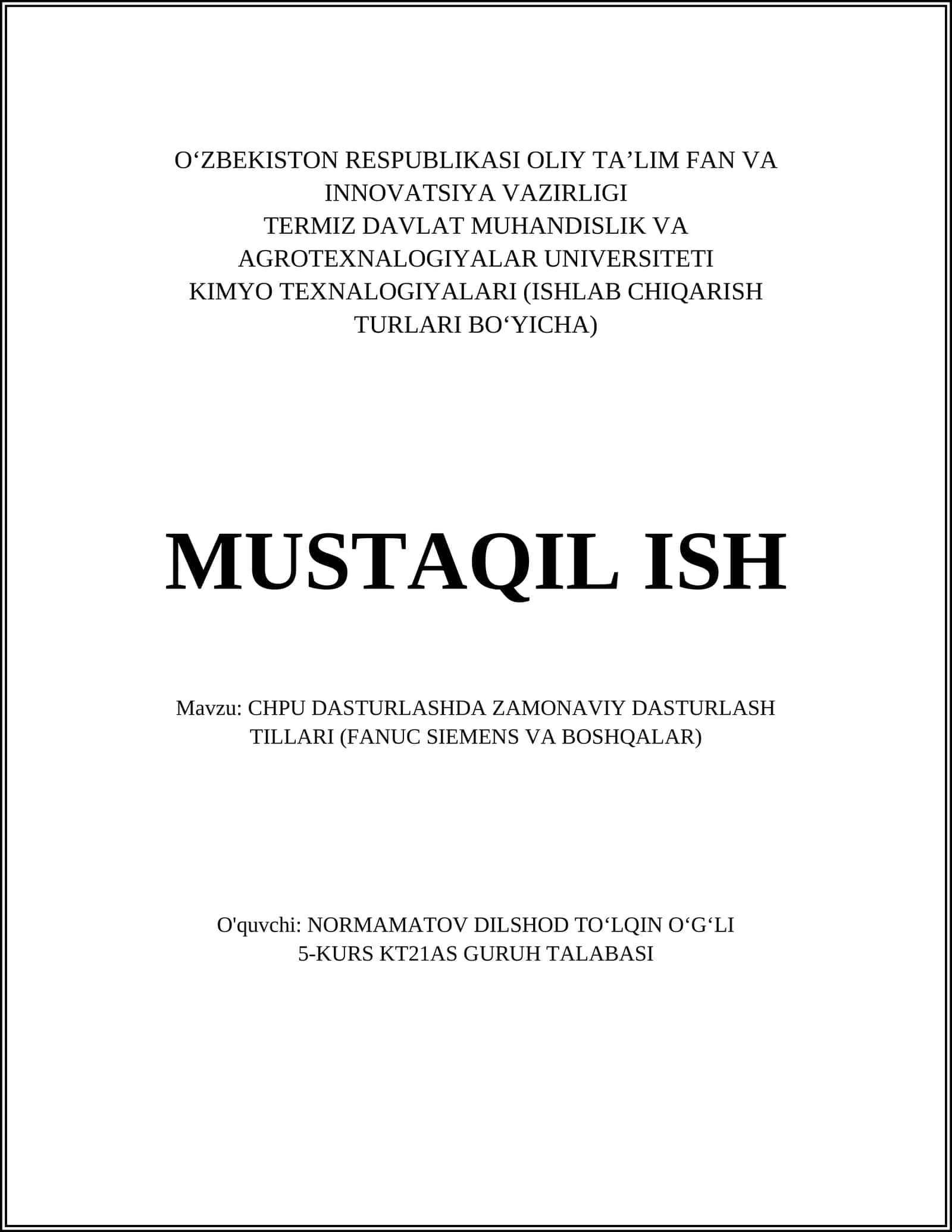 CHPU DASTURLASHDA ZAMONAVIY DASTURLASH TILLARI (FANUC SIEMENS VA BOSHQALAR)