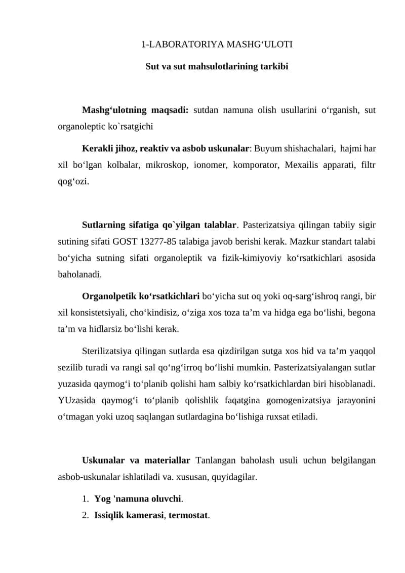 Sut va sut mahsulotlarining tarkibi
