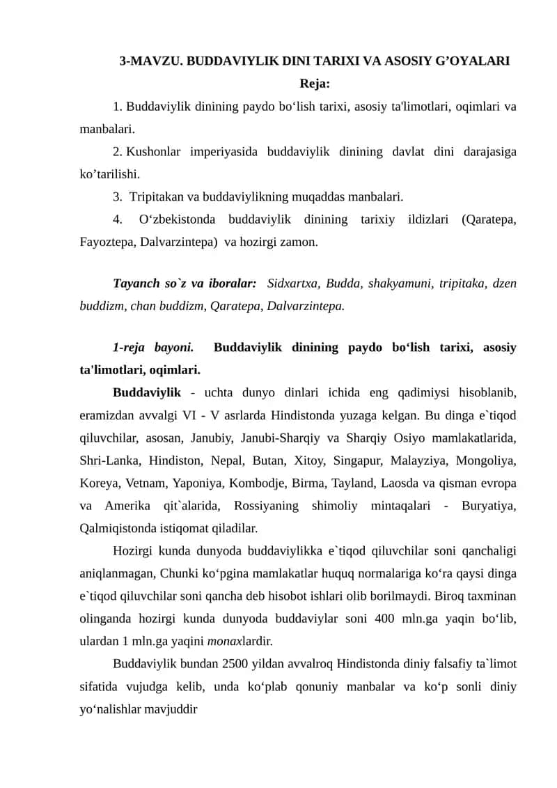 Buddaviylik dinining paydo bo‘lish tarixi va asosiy g’oyalari