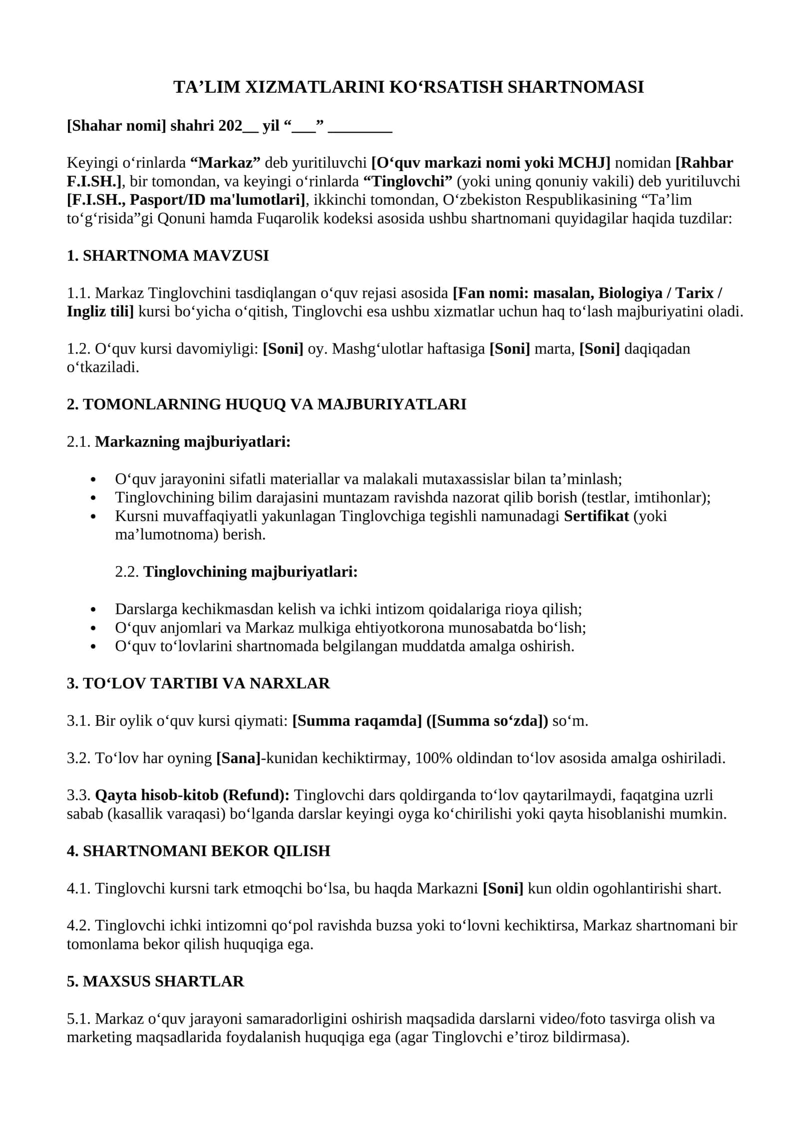 TA’LIM XIZMATLARINI KO‘RSATISH SHARTNOMASI