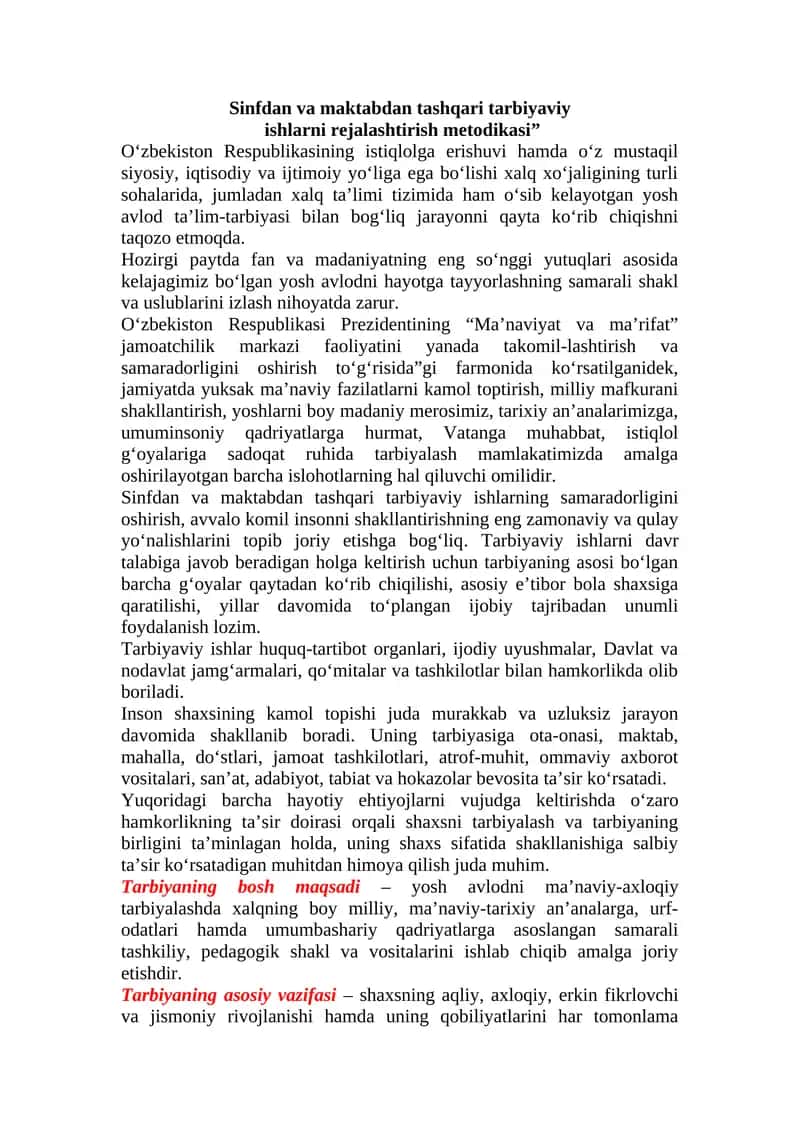 Sinfdan va maktabdan tashqari tarbiyaviy ishlar