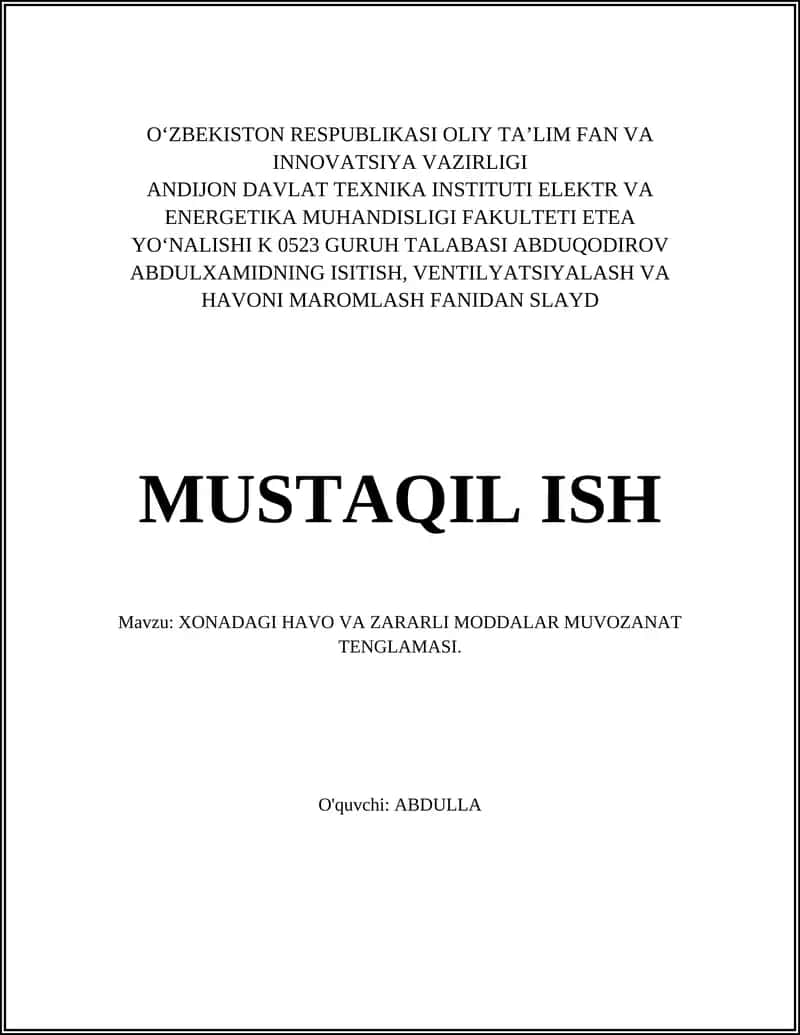 Xonadagi havo va zararli moddalar muvozanat tenglamasi