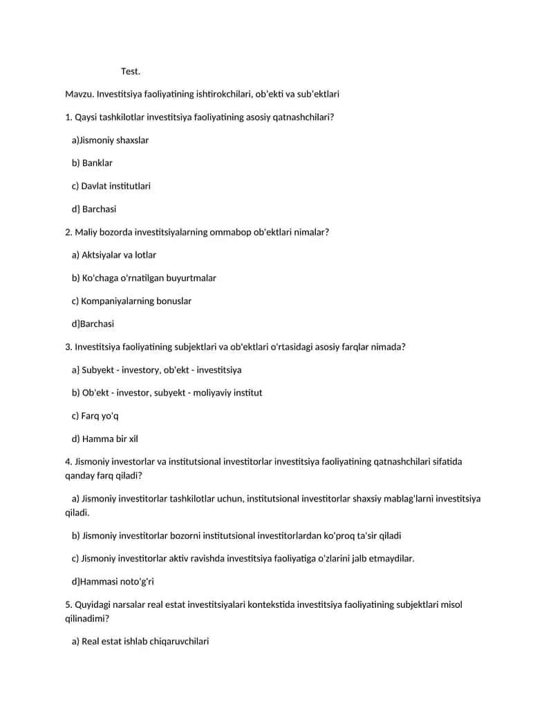Investitsiya faoliyatining ishtirokchilari, ob’ekti va sub’ektlari