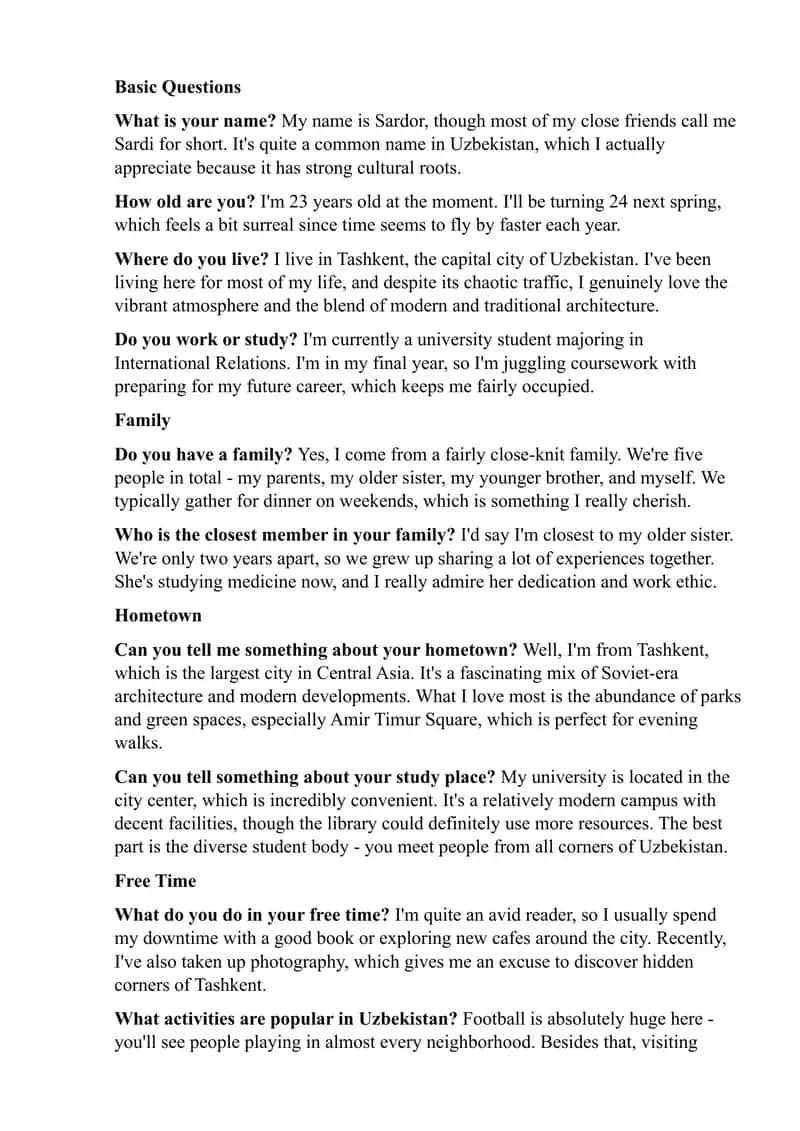 English speaking part 1 Questions and Answers