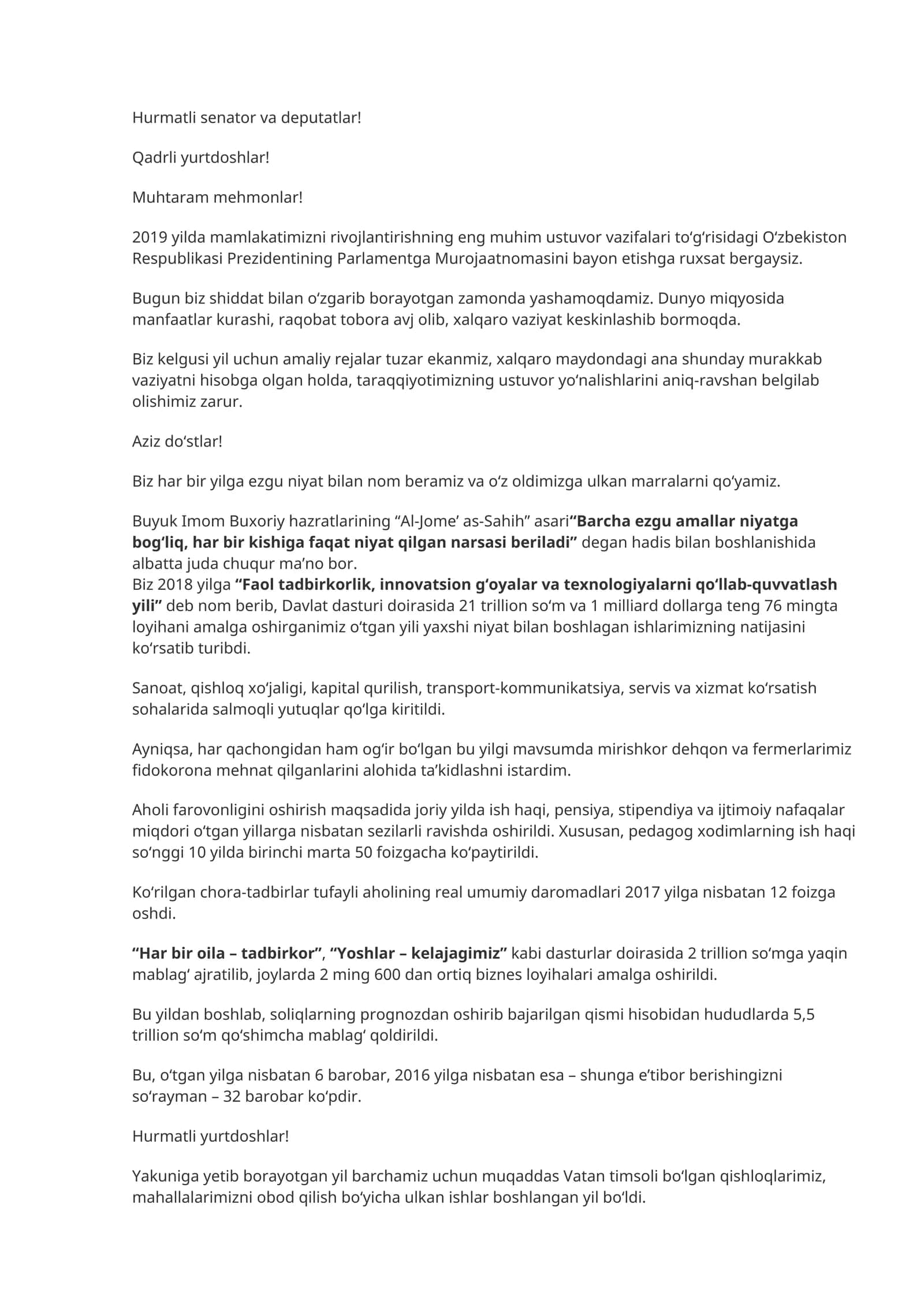 Oʻzbekiston Respublikasi Prezidentining Parlamentga Murojaatnomasi