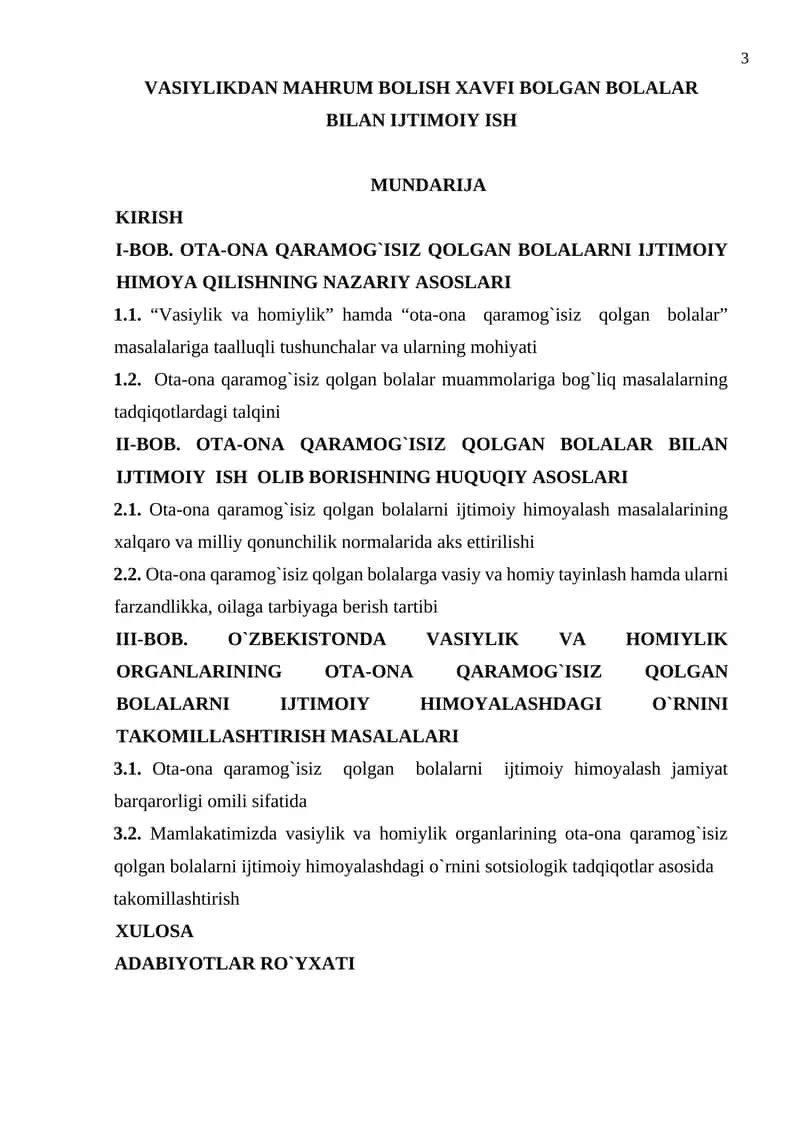 Vasiylikdan mahrum bolish xavfi bilgan bolalar bilan ijtimoiy ish