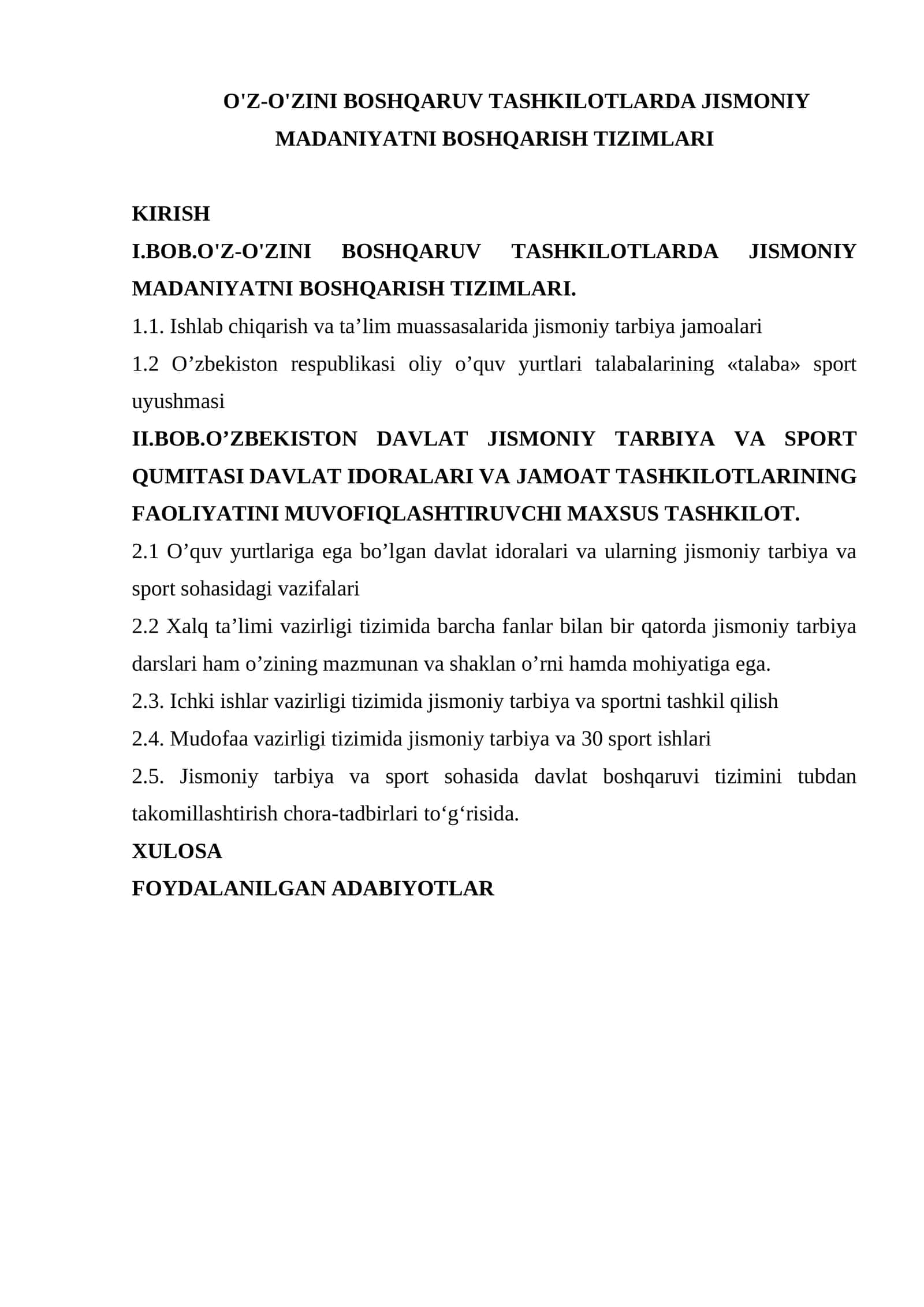O'Z-O'ZINI BOSHQARUV TASHKILOTLARDA JISMONIY MADANIYATNI BOSHQARISH TIZIMLARI