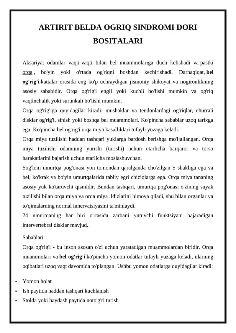 ARTIRIT BELDA OGRIQ SINDROMI DORI BOSITALARI