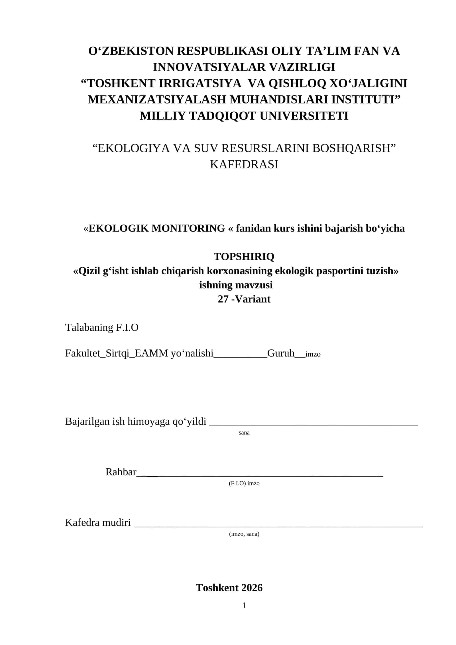 Kurs ishi_Qizil g‘isht ishlab chiqarish korxonasining ekologik pasportini tuzish
