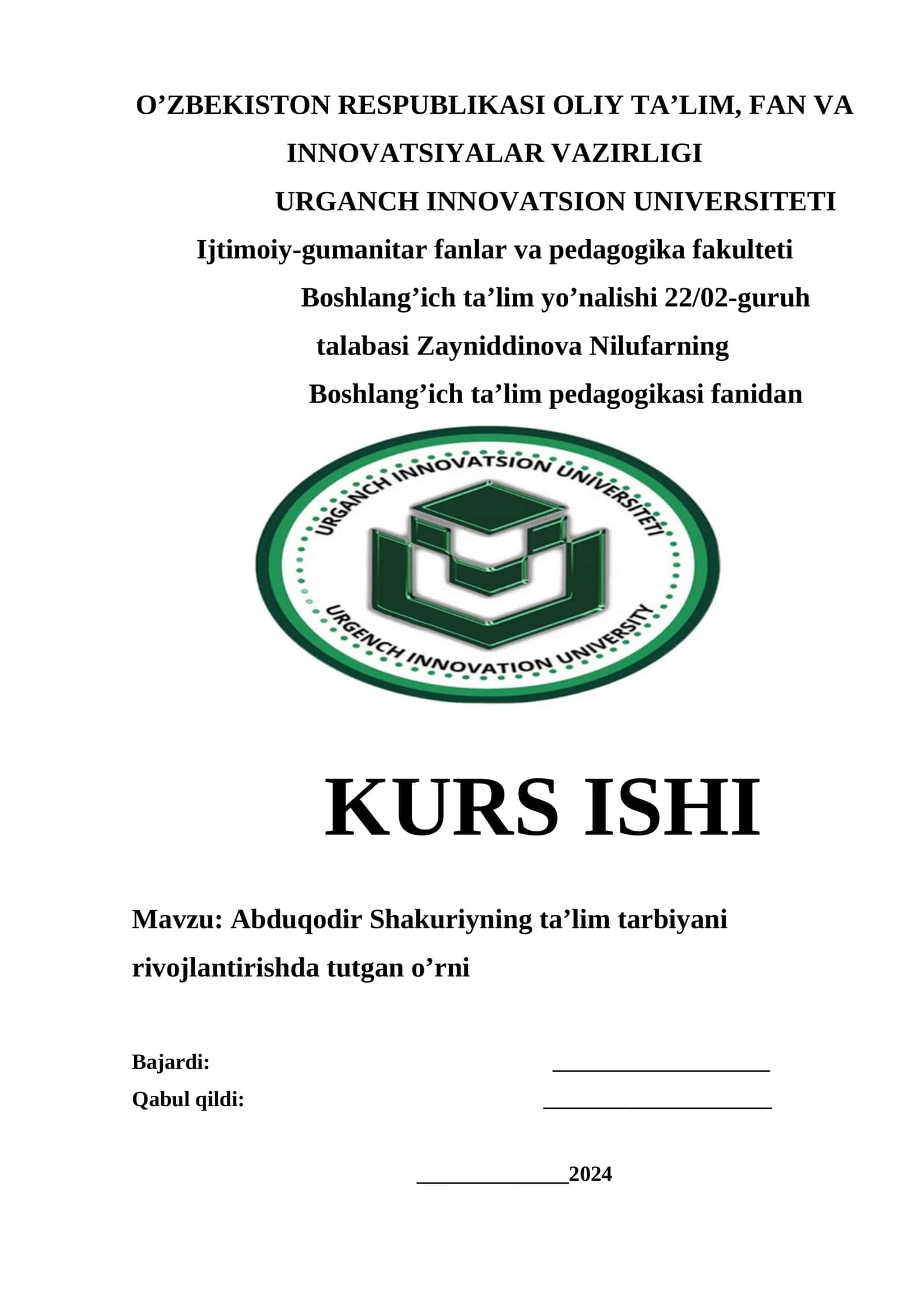 Abduqodir Shakuriyning ta’lim tarbiyani rivojlantirishda tutgan o’rni