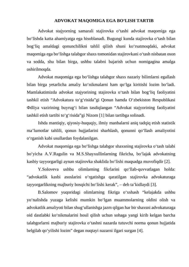 Advokat Maqomiga Ega Bo‘lish Tartibi