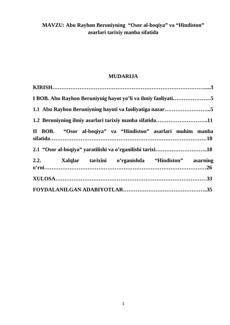 Abu Rayhon Beruniyning “Osor al-boqiya” va “Hindiston” asarlari tarixiy manba sifatida