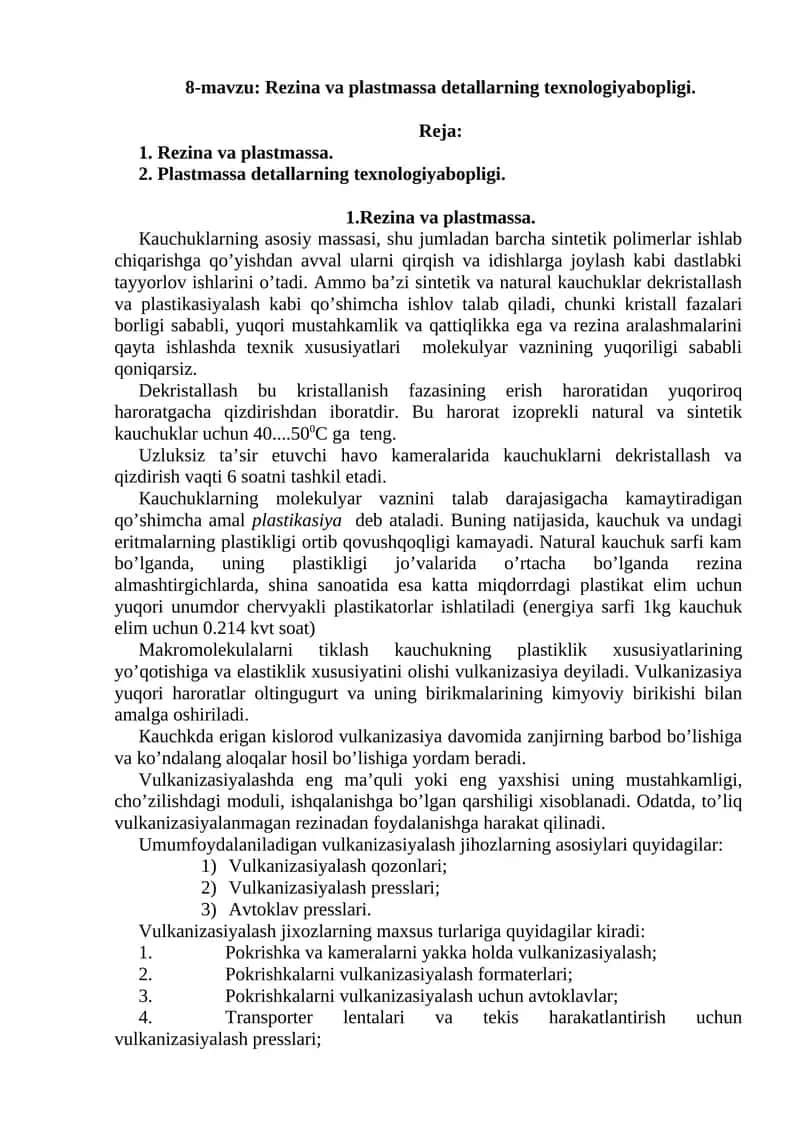 Rezina va plastmassa detallarning texnologiyabopligi