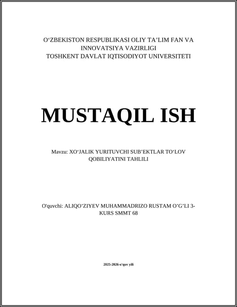 XO‘JALIK YURITUVCHI SUB’EKTLAR TO‘LOV QOBILIYATINI TAHLILI