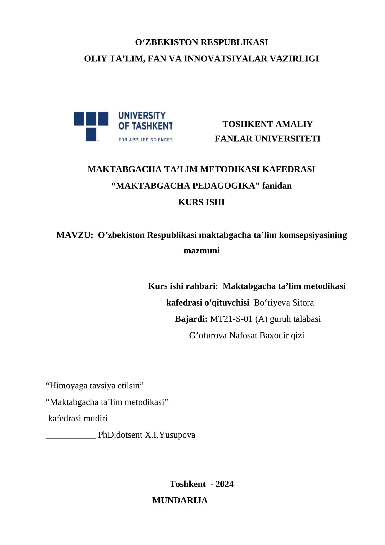 O’zbekiston Respublikasi maktabgacha ta’lim komsepsiyasining mazmuni
