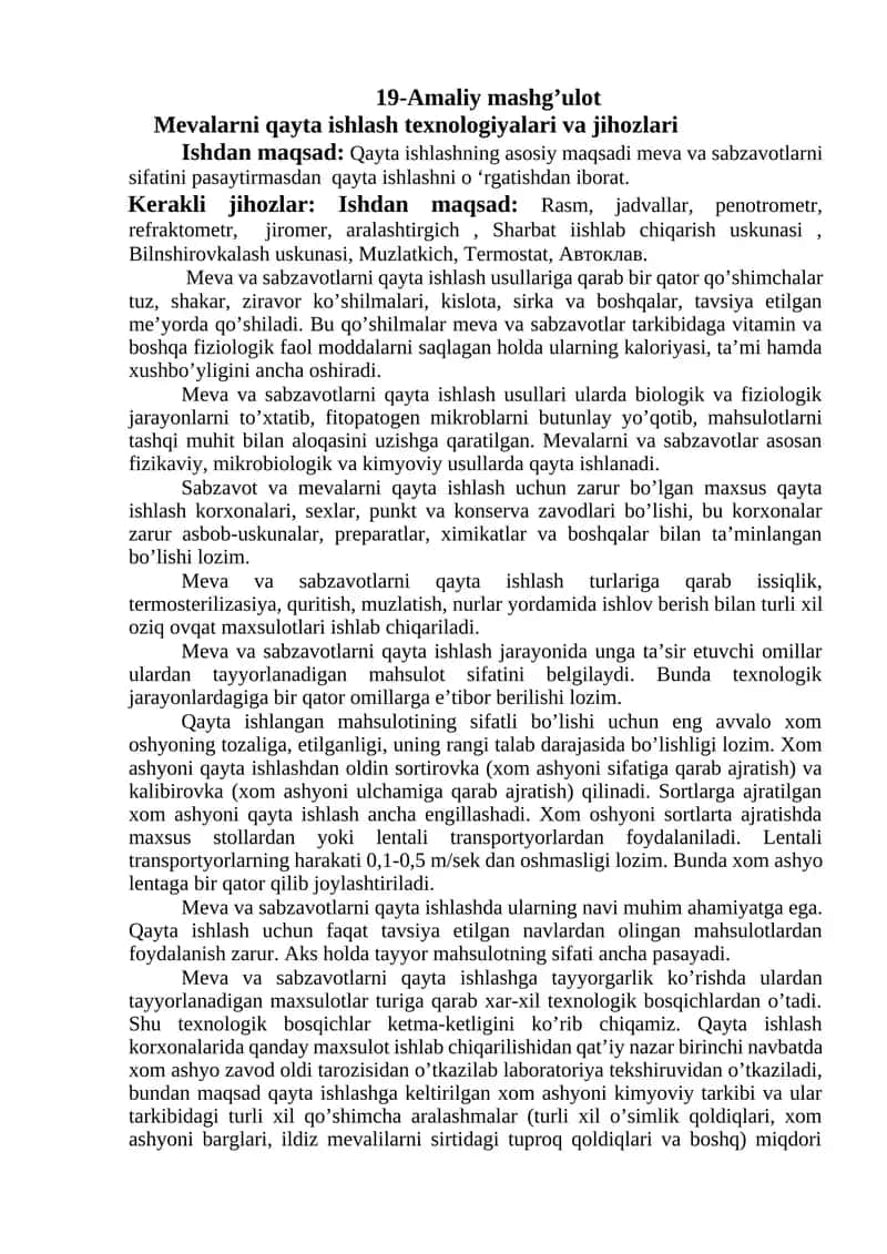 Mevalarni qayta ishlash texnologiyalari va jihozlari
