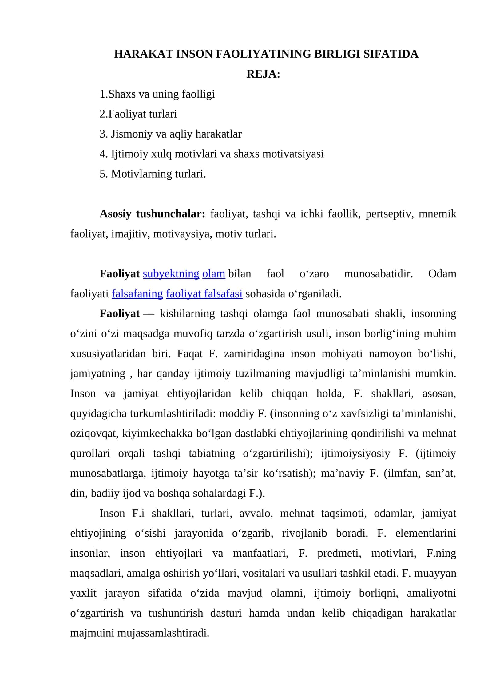 HARAKAT INSON FAOLIYATINING BIRLIGI SIFATIDA