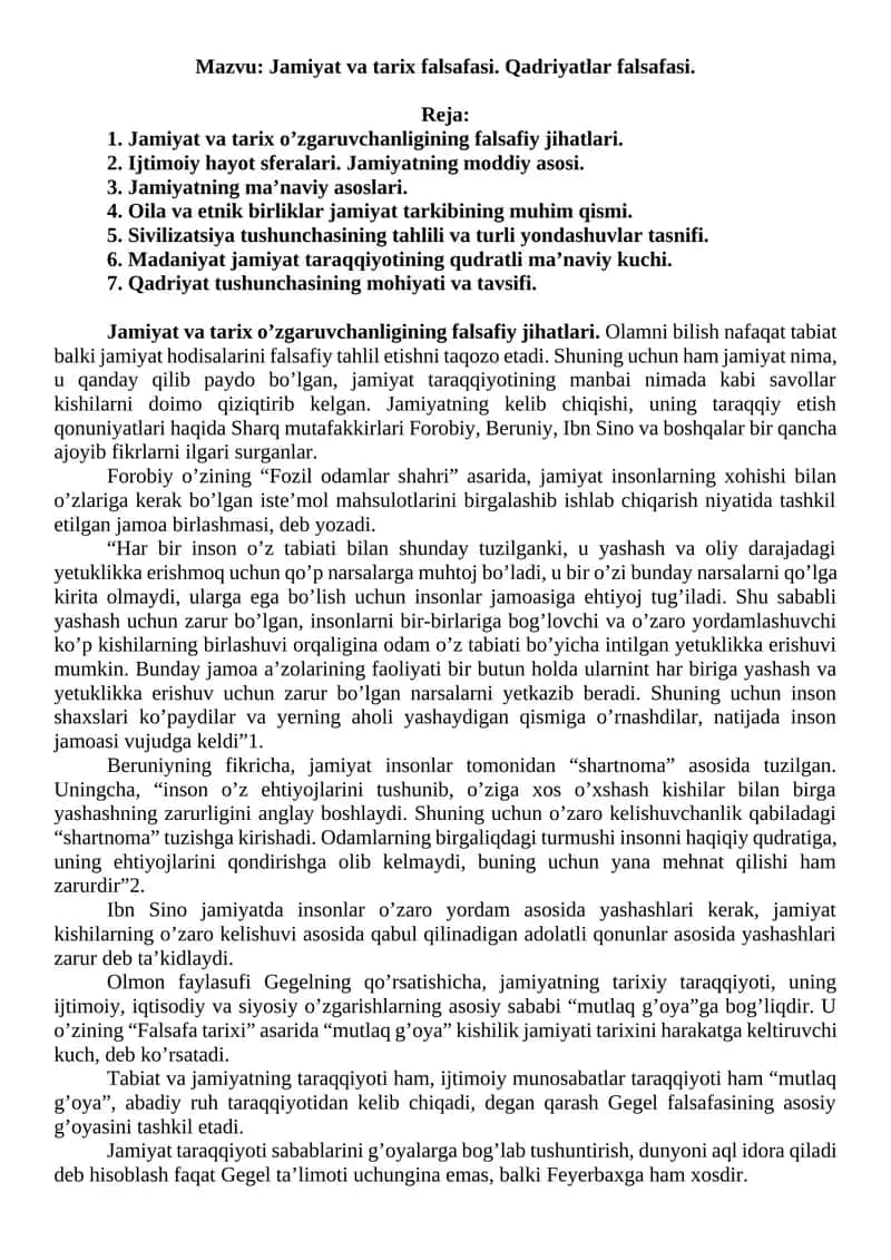 Jamiyat va tarix falsafasi. Qadriyatlar falsafasi