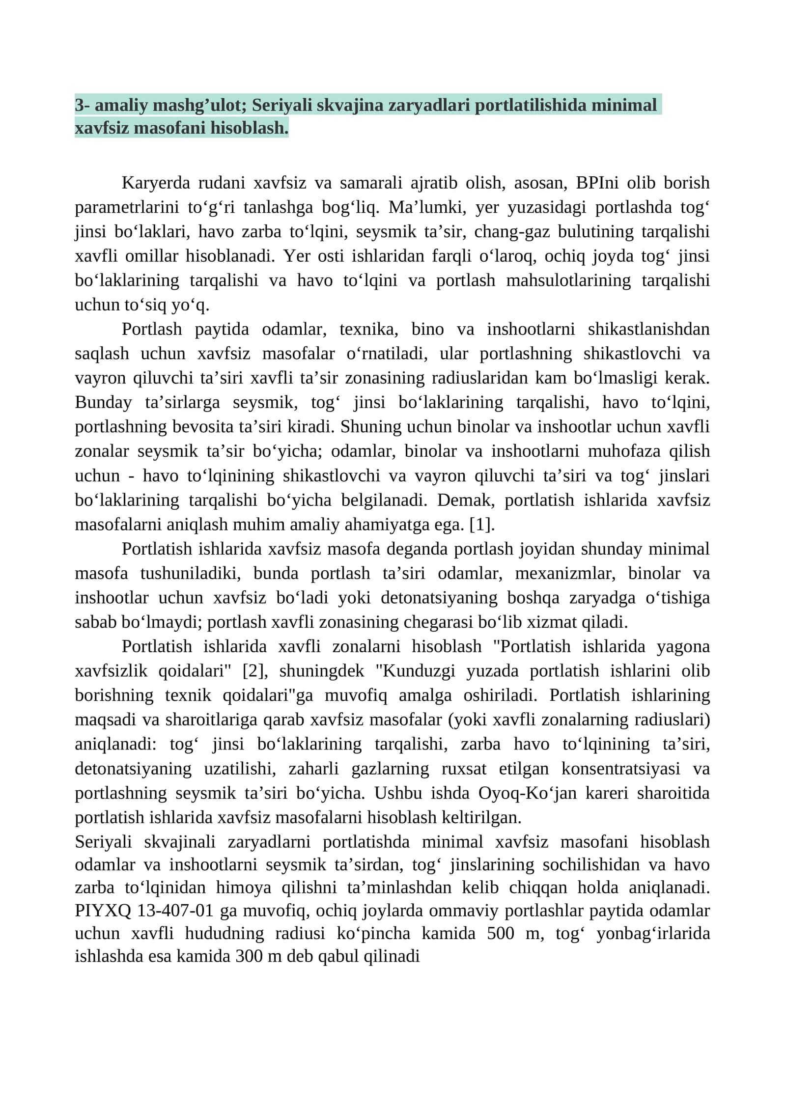 Seriyali skvajina zaryadlari portlatilishida minimal xavfsiz masofani hisoblash