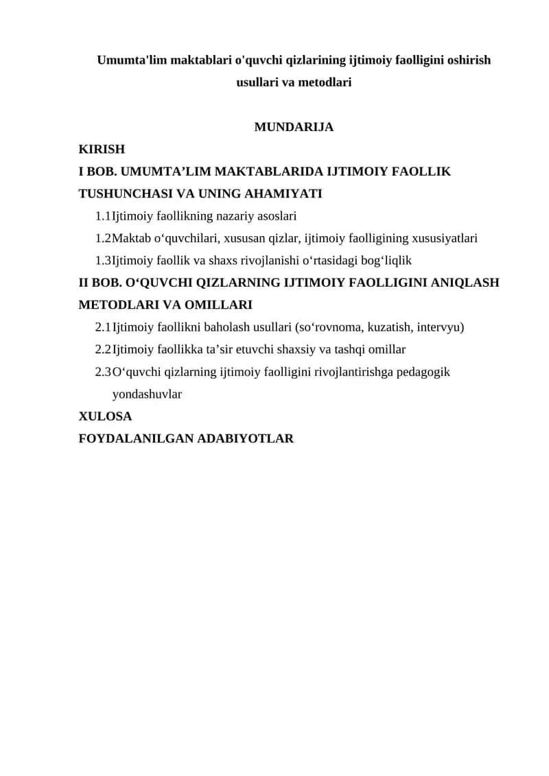 Umumta'lim maktablari o'quvchi qizlarining ijtimoiy faolligini oshirish usullari va metodlari