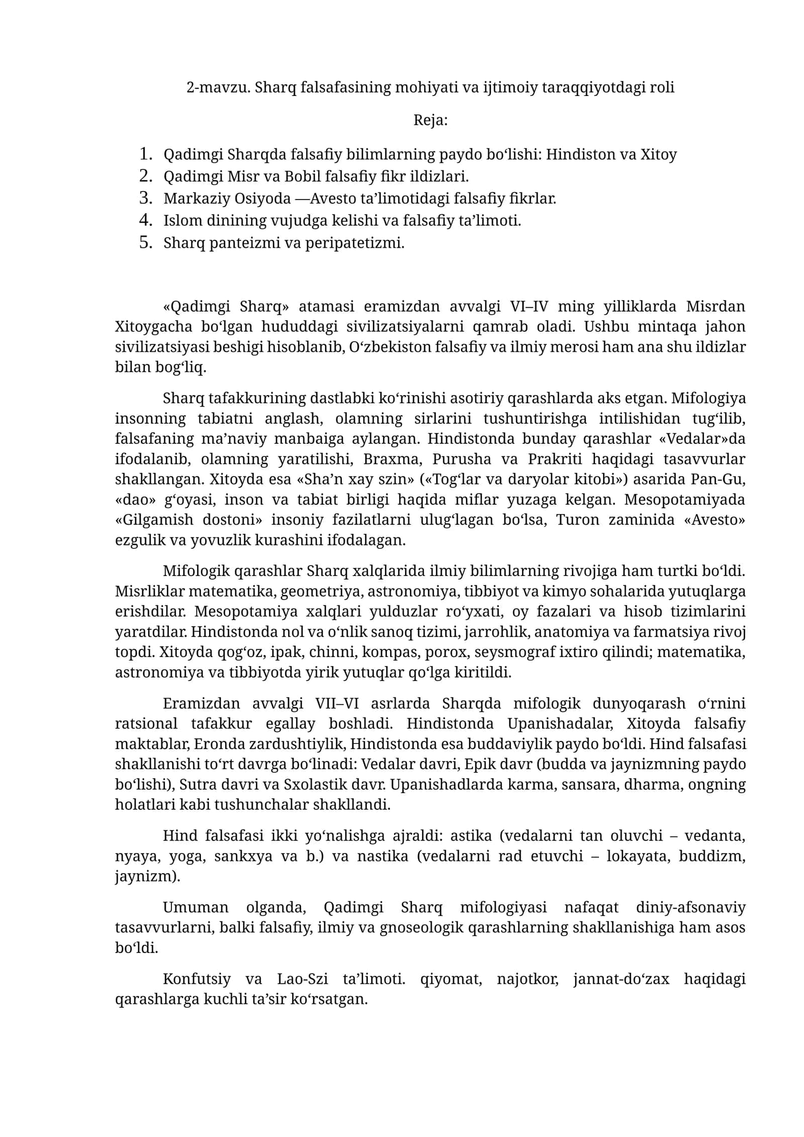 2-mavzu. Sharq falsafasining mohiyati va ijtimoiy taraqqiyotdagi roli