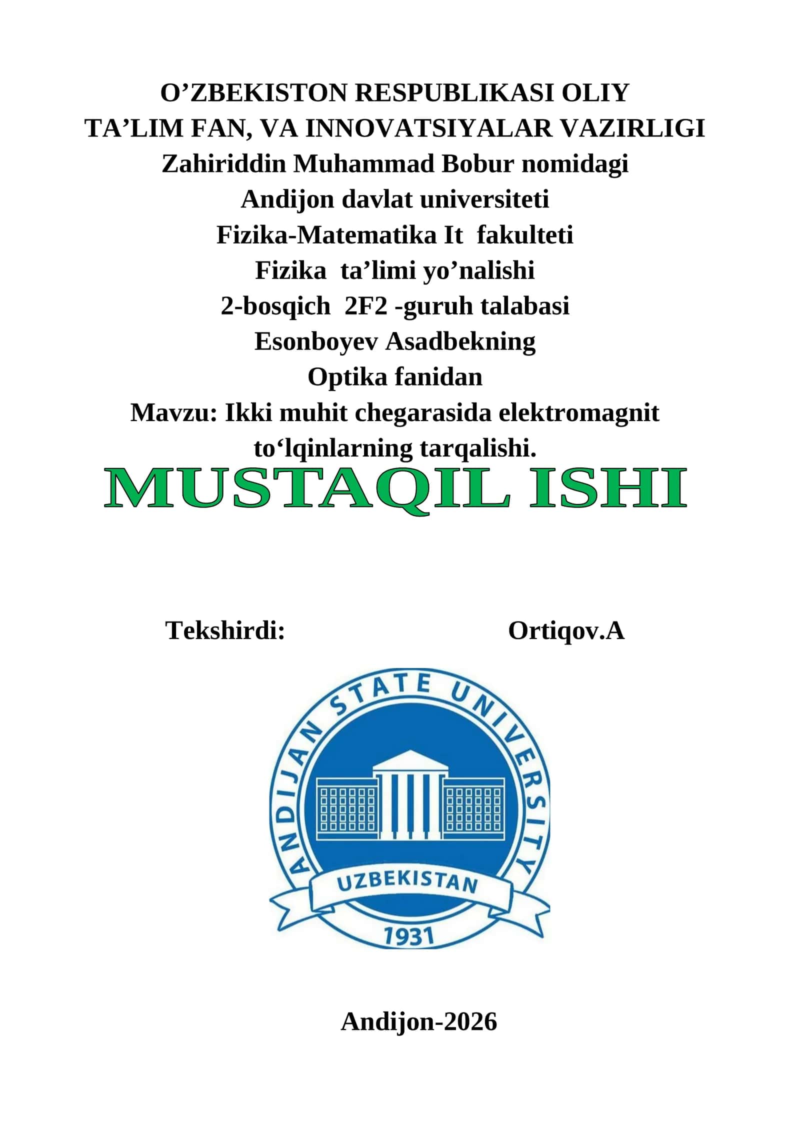 Ikki muhit chegarasida elektromagnit to‘lqinlarning tarqalishi