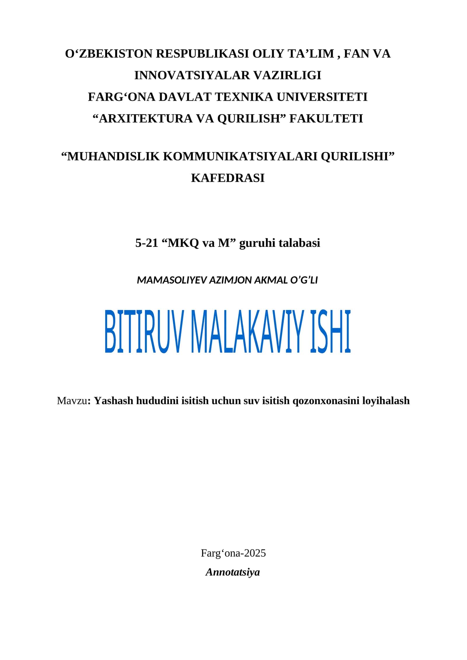Yashash hududini isitish uchun suv isitish qozonxonasini loyihalash
