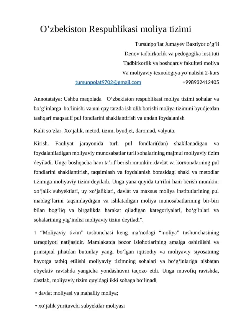 O’zbekiston Respublikasi moliya tizimi