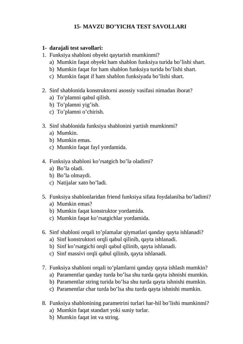 15-MAVZU BO’YICHA TEST SAVOLLARI