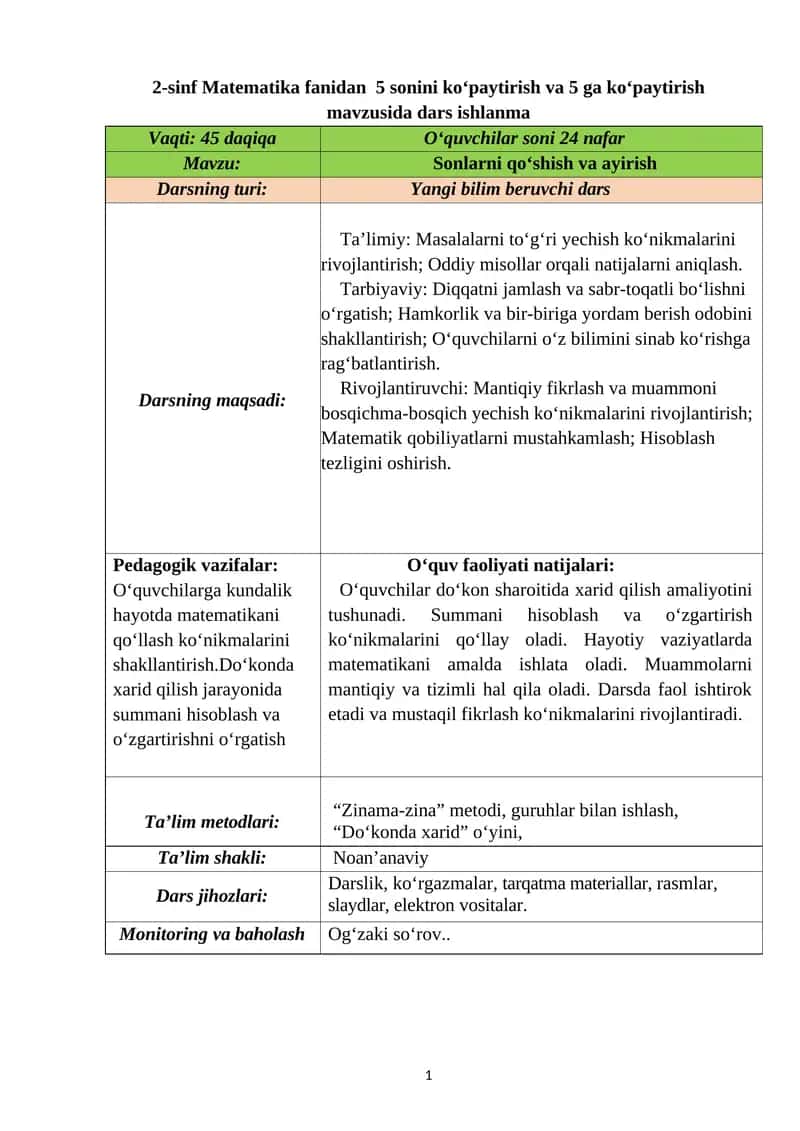 2-sinf Matematika fanidan 5 sonini ko‘paytirish va 5 ga ko‘paytirish mavzusida dars ishlanma