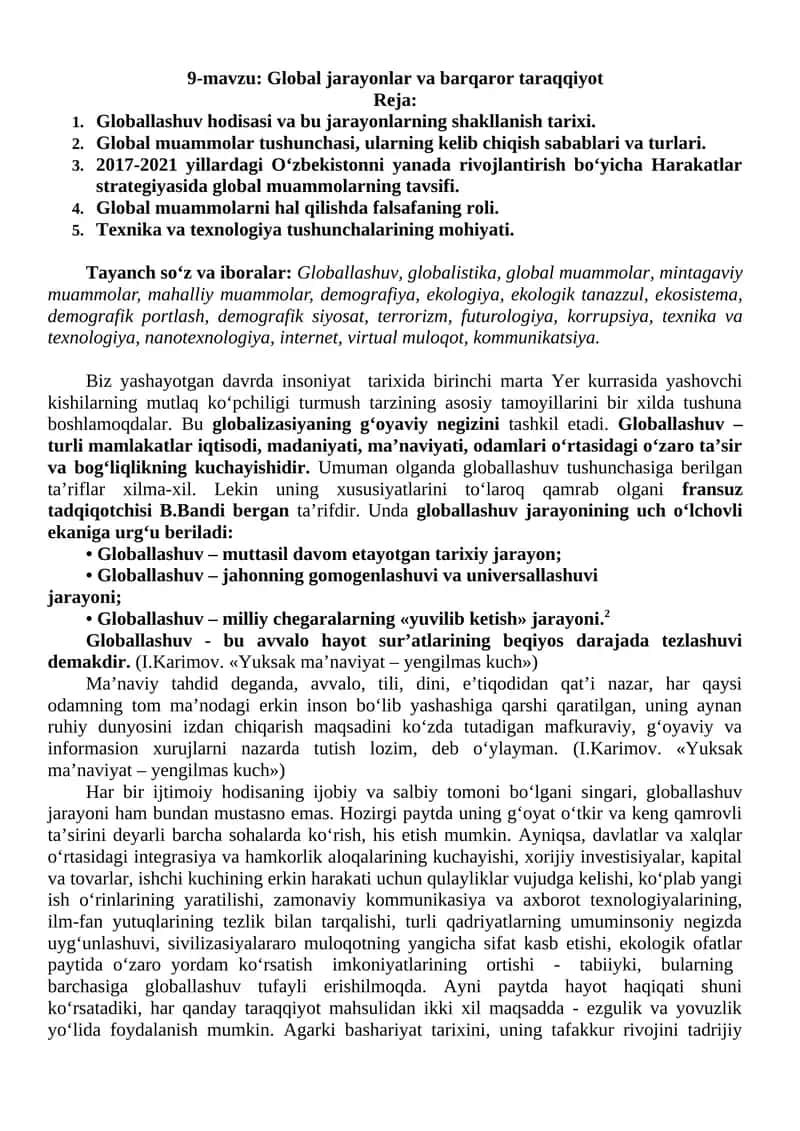 9-mavzu: Global jarayonlar va barqaror taraqqiyot