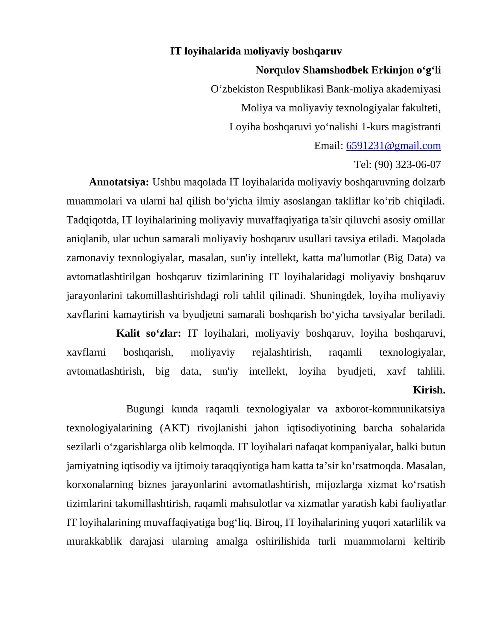 IT LOYIHALARIDA MOLIYAVIY BOSHQARUV