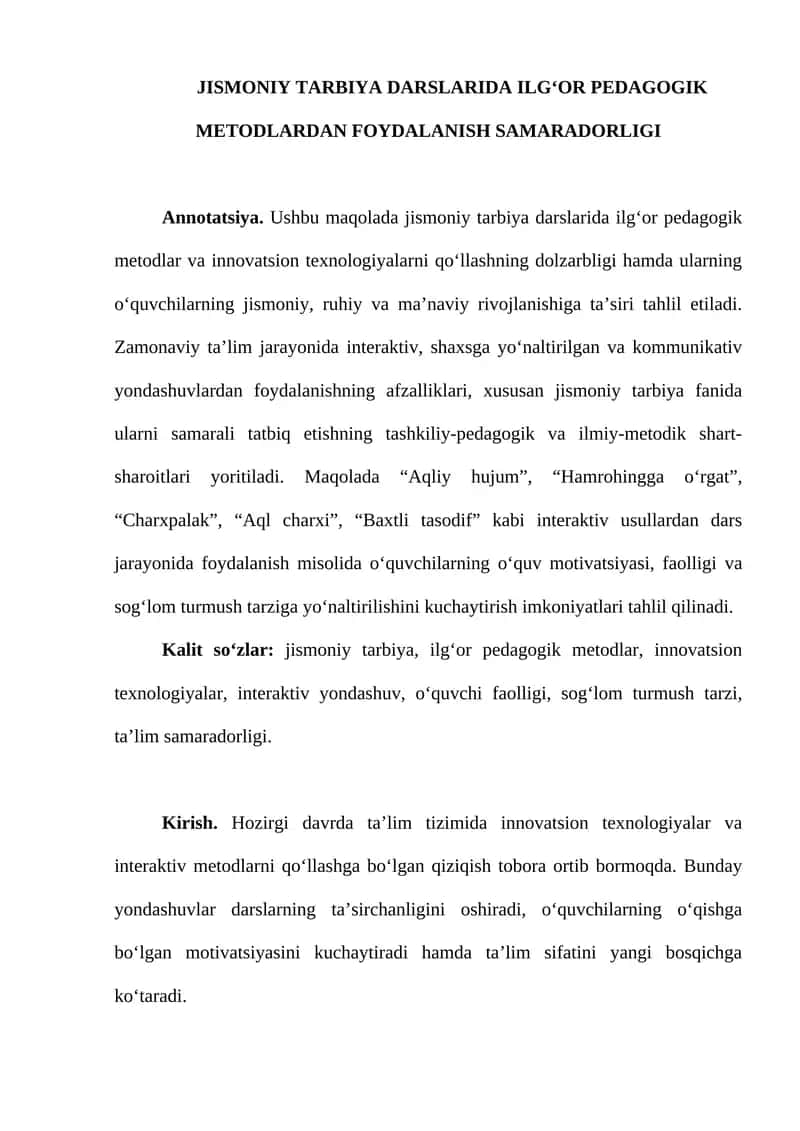 JISMONIY TARBIYA DARSLARIDA ILG‘OR PEDAGOGIK METODLARDAN FOYDALANISH SAMARADORLIGI