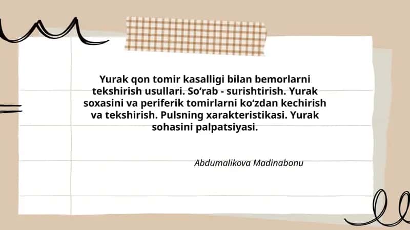 Yurak qon tomir kasalligi bilan bemorlarni tekshirish usullari